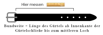 Gürtellänge messen: Taillenweite = Länge des Gürtels ab Innenkante der Gürtelschnalle bis zum mittleren Loch