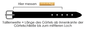 Gürtellänge messen: Taillenweite = Länge des Gürtels ab Innenkante der Gürtelschnalle bis zum mittleren Loch