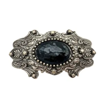 Design Belt Buckle Black Stone antique silver - Made in Italy - frontview