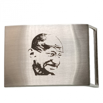 Preview: Belt Buckle Mahatma Gandhi laser engraved, cast pewter, nickel-free, colors: silver + black, for belts up to 40 mm wide