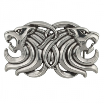 Preview: Design Gürtelschnalle Löwenköpfe, versilbert, poliert, nickelfrei, Top Fashion Style, unisex, für Gürtel bis 4 cm Breite