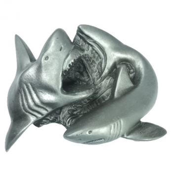 Preview: Belt Buckle Fighting Sharks, cast pewter, nickel-free, color: silver, for belts up to 40 mm wide