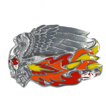 Preview: Belt Buckle Skull with flames and wings, nickel-free, silver + red + orange + yellow, for belts up to 4 cm wide