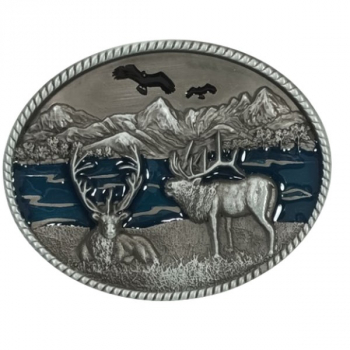 Preview: Belt Buckle Two Deer in a natural landscape, cast pewter, nickel-free, colors: silver + blue, for belts up to 40 mm wide