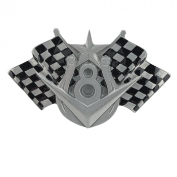 Preview: Gürtelschnalle V8 mit Zielflaggen + Stern, Racing, Zinnguss, nickelfrei, silber + schwarz, für Gürtel bis 40 mm Breite