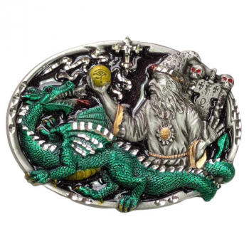 Preview: Belt Buckle Wizard with Dragon, 3D fantasy buckle, oval, multicolored