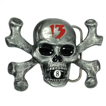 Gürtelschnalle Totenkopf + schwarze 8 Billardkugel im Maul + rote 13
