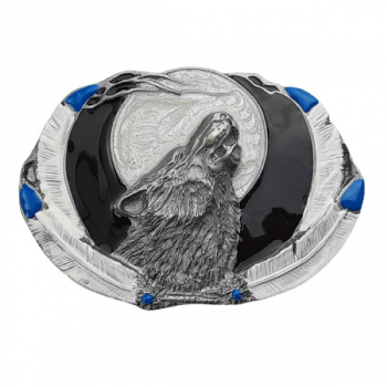 Preview: Belt Buckle Howling Wolf + Feathers, cast pewter, nickel-free, oval, silver + black + blue, for belts up to 40 mm wide