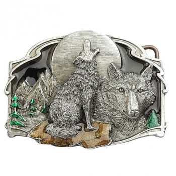 Preview: Belt Buckle Wolf Moon + Wolves + Moon + Landscape, cast pewter, nickel-free, multicolored, for belts up to 40 mm wide