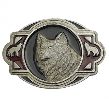 Preview: Belt Buckle Wolf Head + Decorations, cast pewter, nickel-free, silver + black + red, for belts up to 40 mm wide