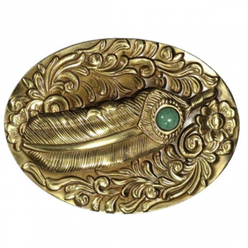 Preview: Belt Buckle Feather with flower tendrils, cast brass, oval, nickel-free, colors: brass + green, for belts up to 40mm wide
