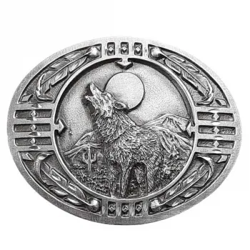 Gürtelschnalle Heulender Wolf + Mond + Verzierungen