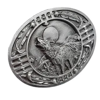 Gürtelschnalle Heulender Wolf + Mond + Verzierungen Seitenansicht