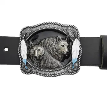 Belt Buckle Two Wolves + Feathers with belt