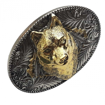 Preview: Belt Buckle Wolf gold-plated + feathers side view