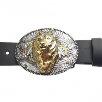 Preview: Belt Buckle Wolf gold-plated + feathers with belt