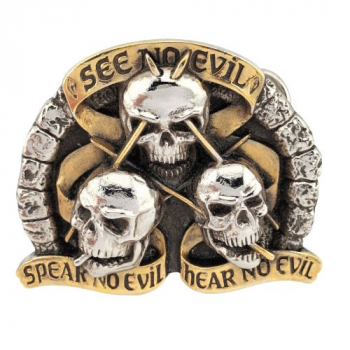 Preview: Belt Buckle Three Skulls, See No Evil, pewter casting, nickel-free, silver + black + gold, for belts up to 40 mm wide