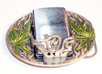 Preview: Belt Buckle Hemp Leaves with Zippo holder, cast pewter, nickel-free, colors: silver + green, for belts up to 40 mm wide