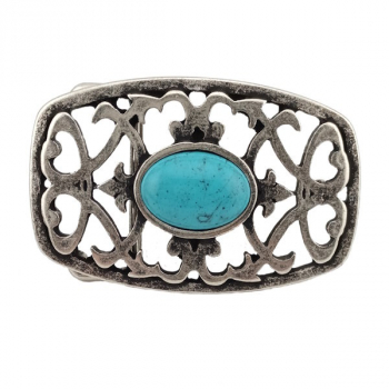 Preview: Design Gürtelschnalle Tradition silber türkis von Umjubelt, nickelfrei, rechteckig, abstrakt, für Gürtel bis 4 cm Breite