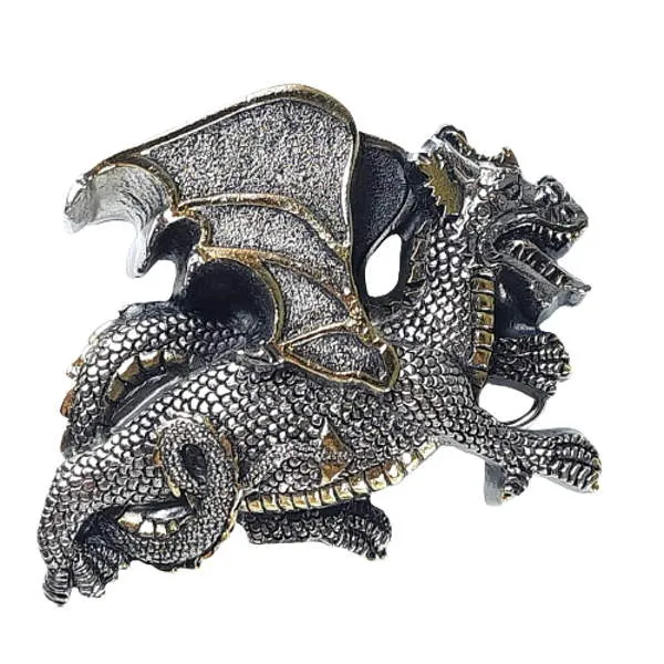 Gürtelschnalle Drachen, massiv, Farben: silber + gold