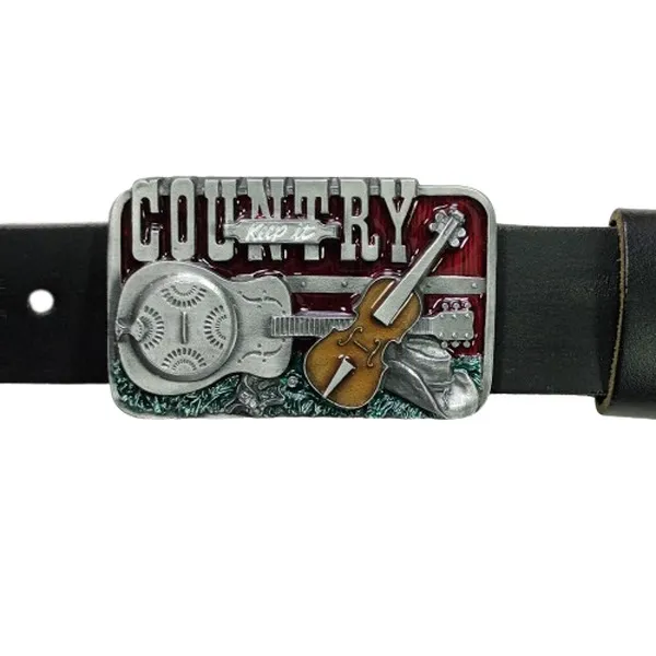 Gürtelschnalle Country Music mit Gitarre, Geige, Cowboy-Hut mit Gürtel