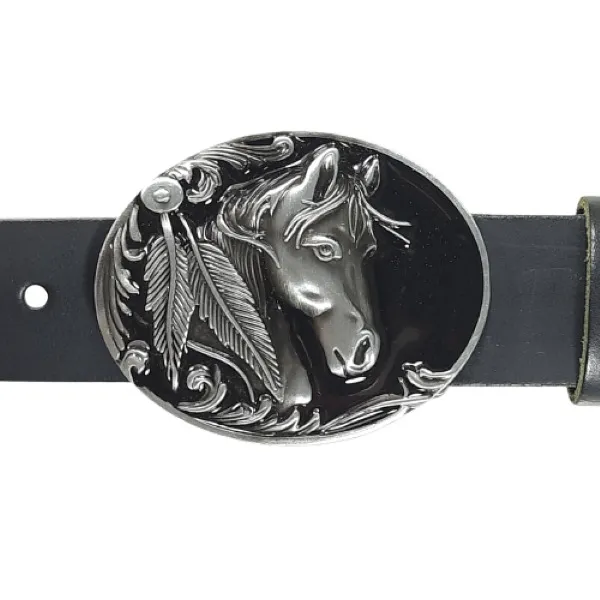 Belt buckle indian horse with feather at belt
