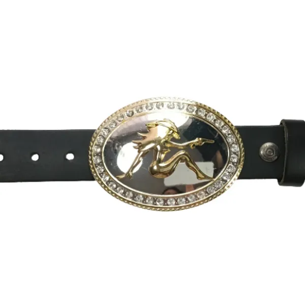 Belt Buckle Gold Lady with gun with belt