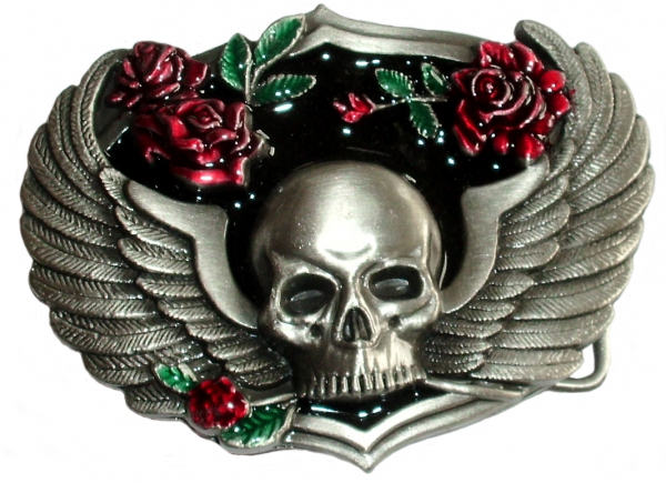 Gürtelschnalle Totenkopf mit Rosen