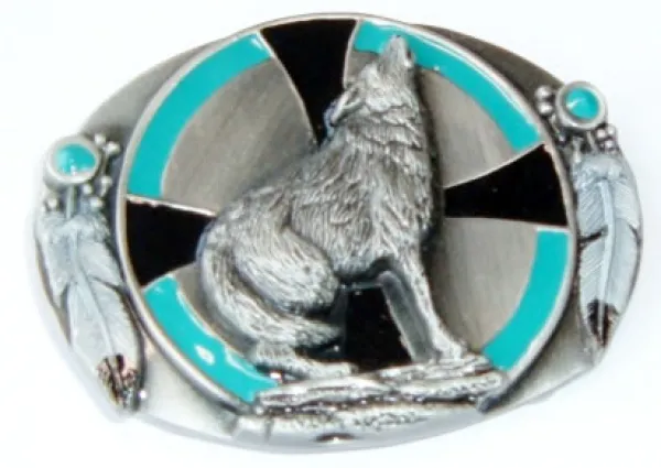 Belt Buckle Howling Wolf with feathers