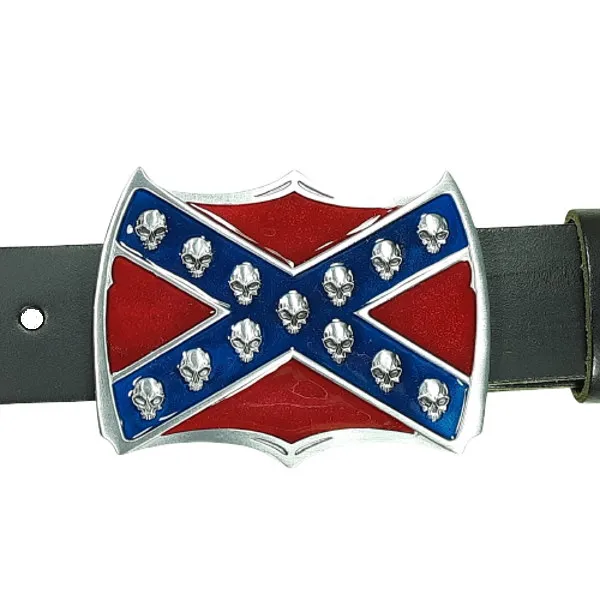 Gürtelschnalle Südstaaten-Flagge mit Totenköpfen am Gürtel