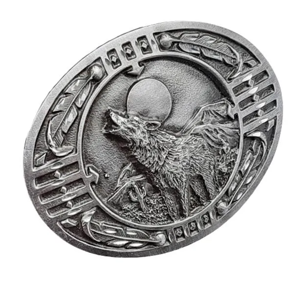 Gürtelschnalle Heulender Wolf + Mond + Verzierungen Seitenansicht