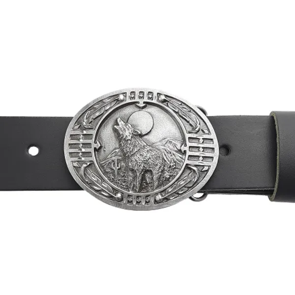 Gürtelschnalle Heulender Wolf + Mond + Verzierungen am Gürtel