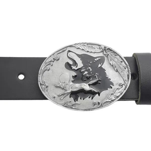 Gürtelschnalle Wolfskopf + rennender Wolf mit Gürtel