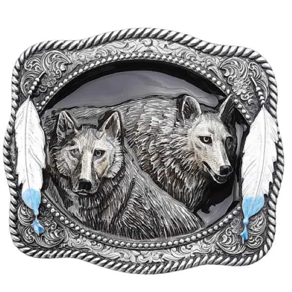 Belt Buckle Two Wolves + Feathers