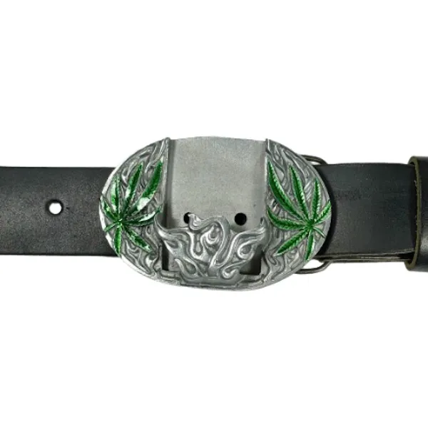 Gürtelschnalle Hanfblätter mit Zippohalter am Gürtel