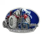 Belt Buckle Tractor with plow, silver + blue + red