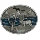 Belt Buckle Two Deer in a natural landscape, cast pewter, nickel-free, colors: silver + blue, for belts up to 40 mm wide