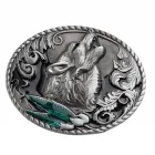Belt Buckle Howling Wolf with plant tendrils + feathers, cast pewter, silver + black + green