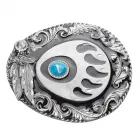 Belt Buckle Bear Paw with Feathers, cast pewter, nickel-free, silver + black + turquoise, for belts up to 40 mm wide